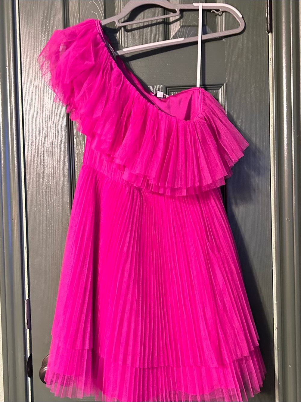 Monique Lhuillier Girls One-Shoulder Ruffle Tulle Dress in Hot Pink